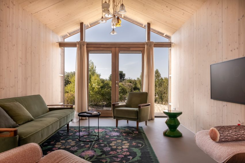 A living area with large glass doors.