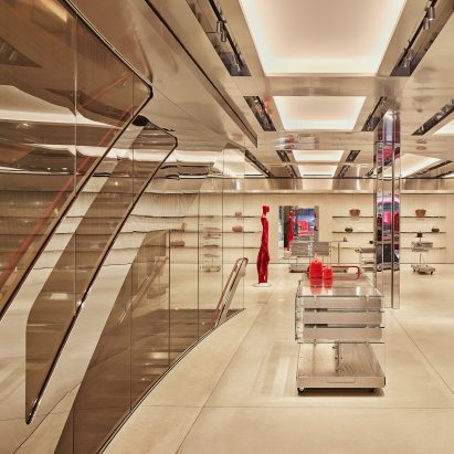 Shop interior with metallic, leather and red accents
