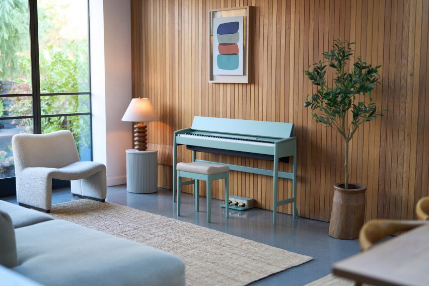 Turquoise piano in living room